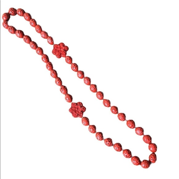 Vintage Cinnabar lacquer Carved Necklace‎ - Picture 1 of 9